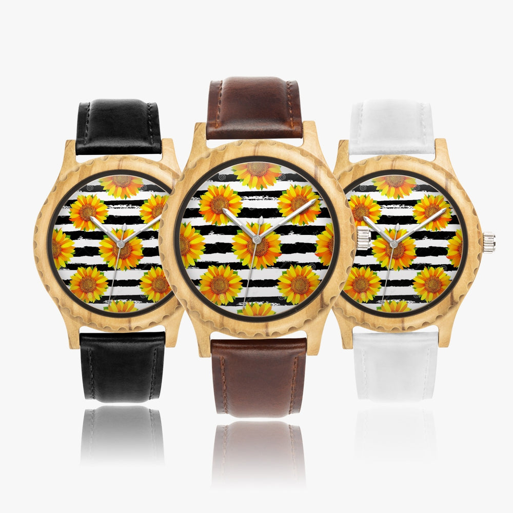 Ti Amo I love you - Exclusive Brand  - Black & White Stripes with Sunflowers - Italian Olive Lumber Wooden Watch - Leather Strap