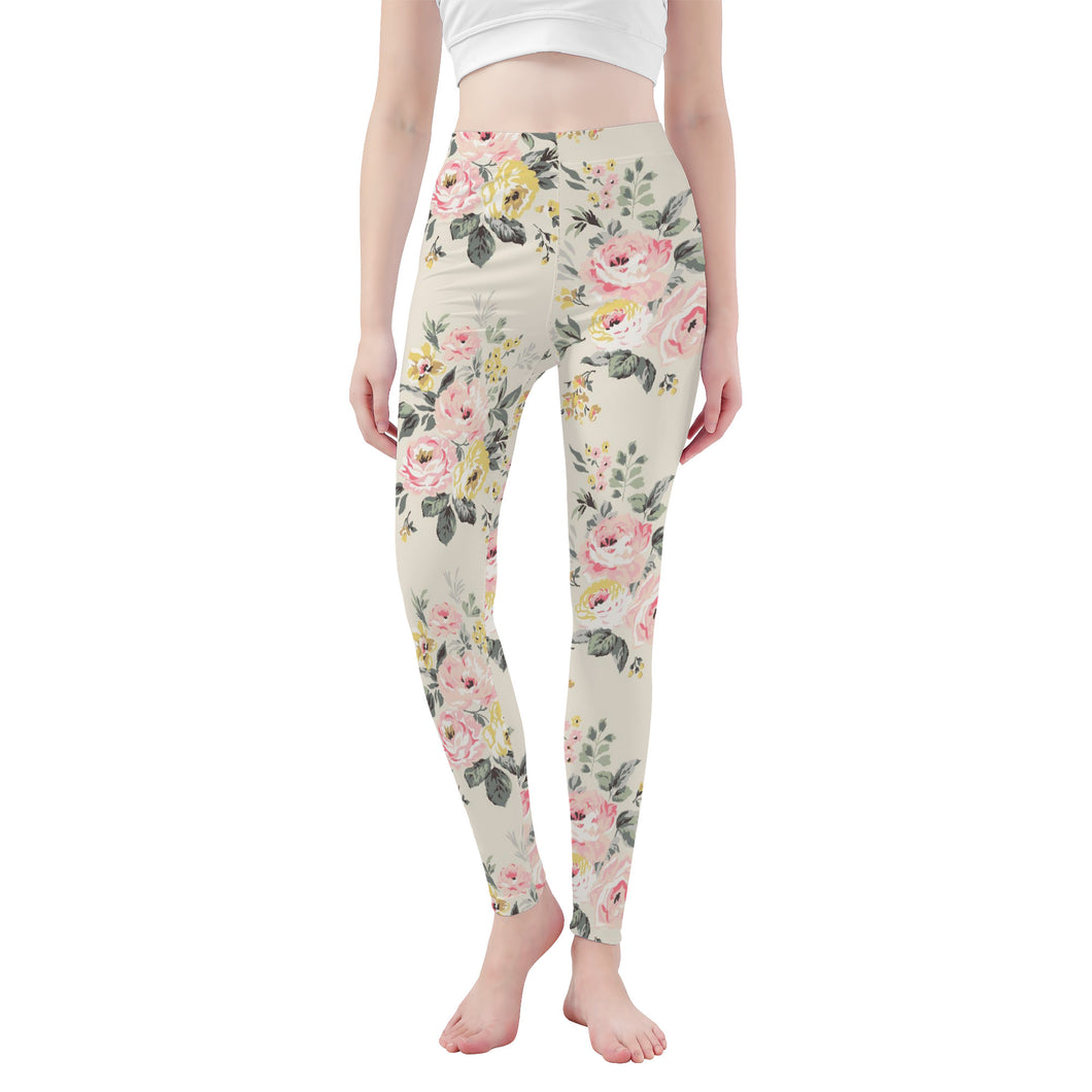 Ti Amo I love you - Exclusive Brand - Beige Floral - Womens / Teen Girls / Womens Plus Size - Yoga Leggings - Sizes XS-3XL