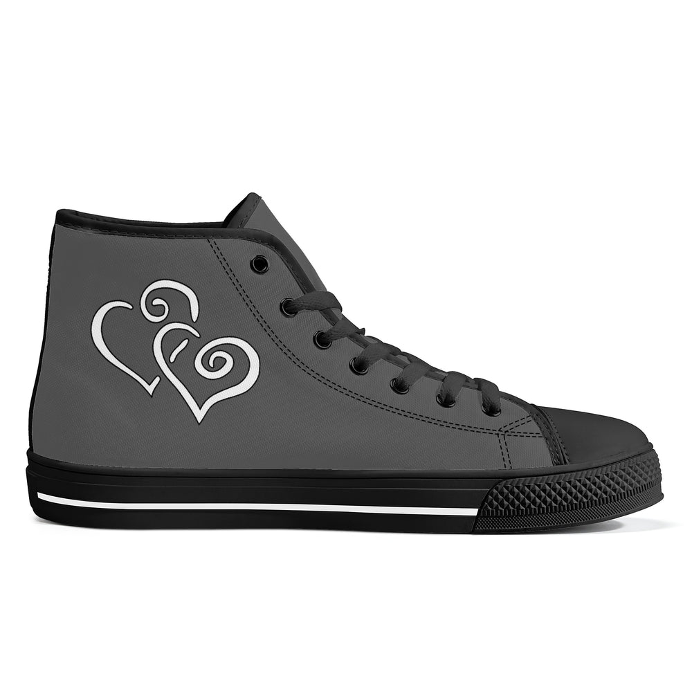 Ti Amo I love you - Exclusive Brand  - Davy's Grey - Double White Heart - High-Top Canvas Shoes - Black Soles