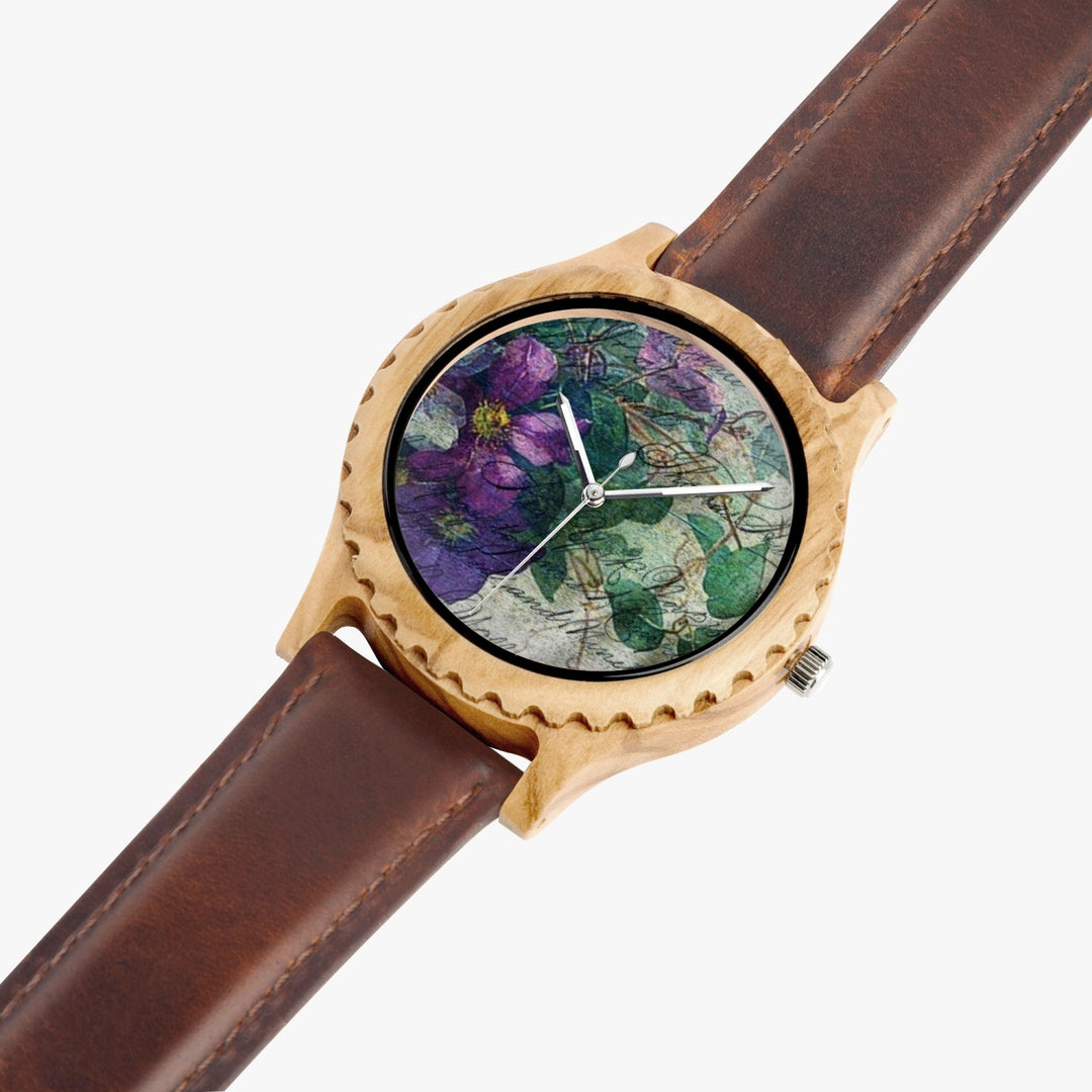 Ti Amo I love you - Exclusive Brand - Purple Floral & Writing Pattern - Womens Designer Italian Olive Wood Watch - Leather Strap