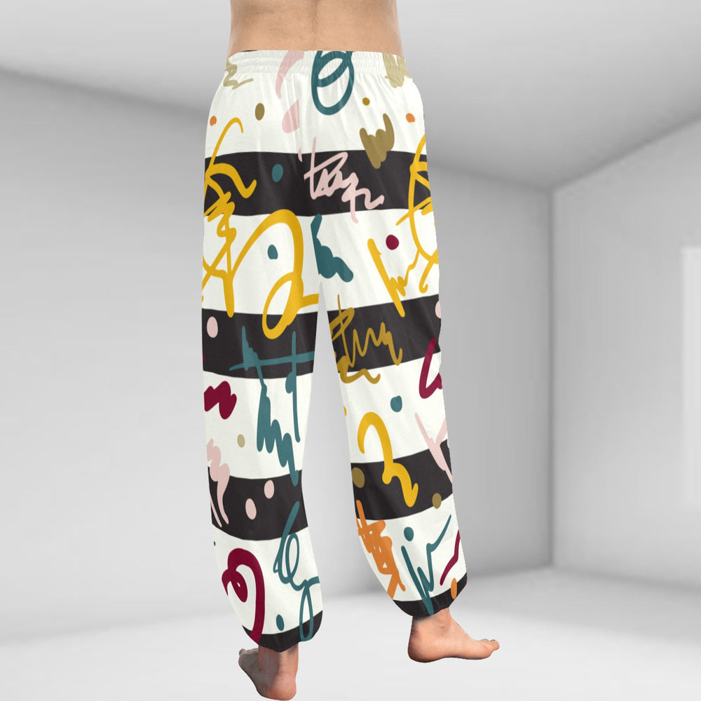 Ti Amo I love you  - Exclusive Brand  - Black & White Stripes with Colorful Squiggles - Women's Harem Pants - Sizes XS-2XL