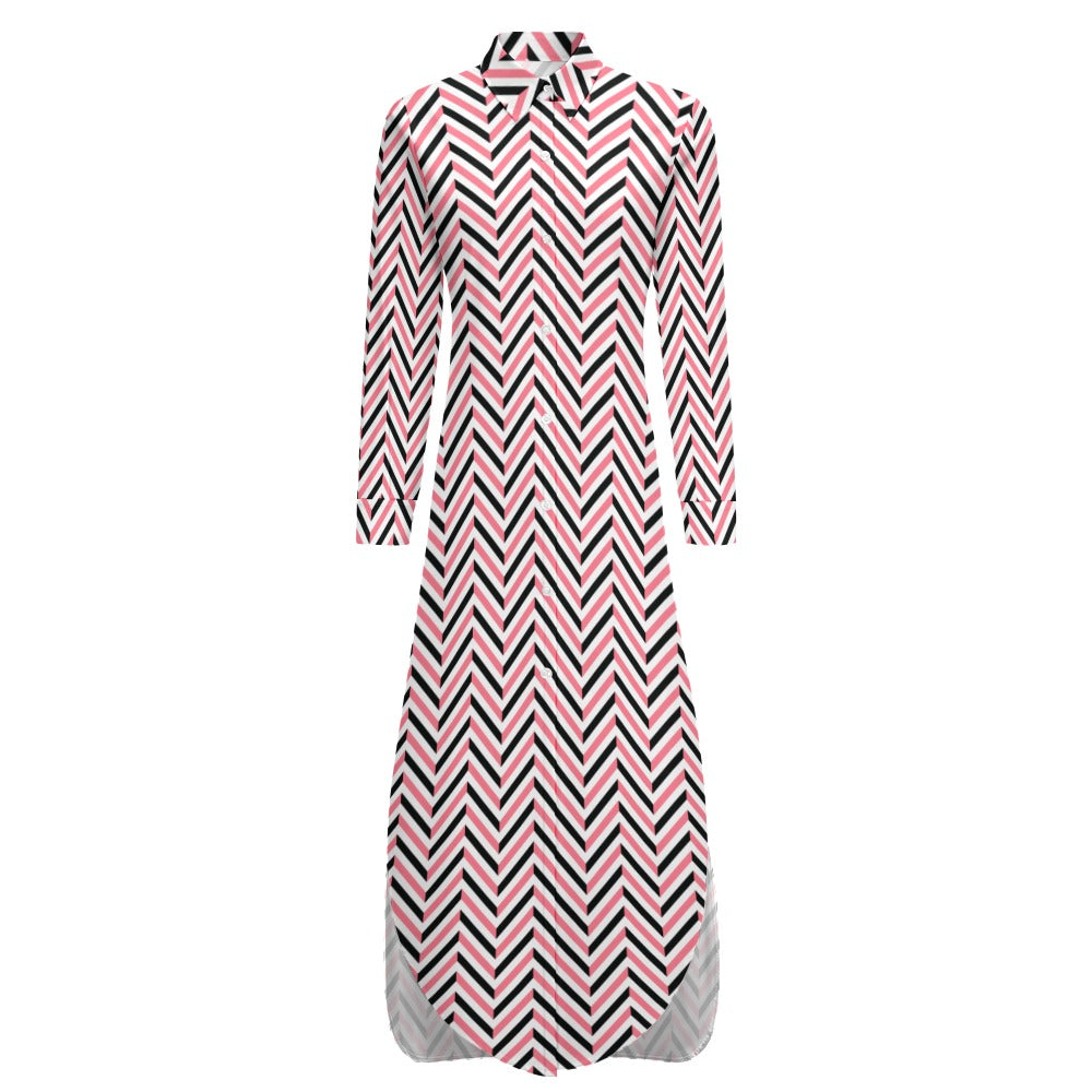 Ti Amo I love you - Exclusive Brand - 4 Styles - Gallery with Vines / Pink & Gray Chevron / Brick Vines / Red & Gray Chevron with Stripes - Womens Button Neck Long Sleeve Shirt Dress - Sizes S-6XL