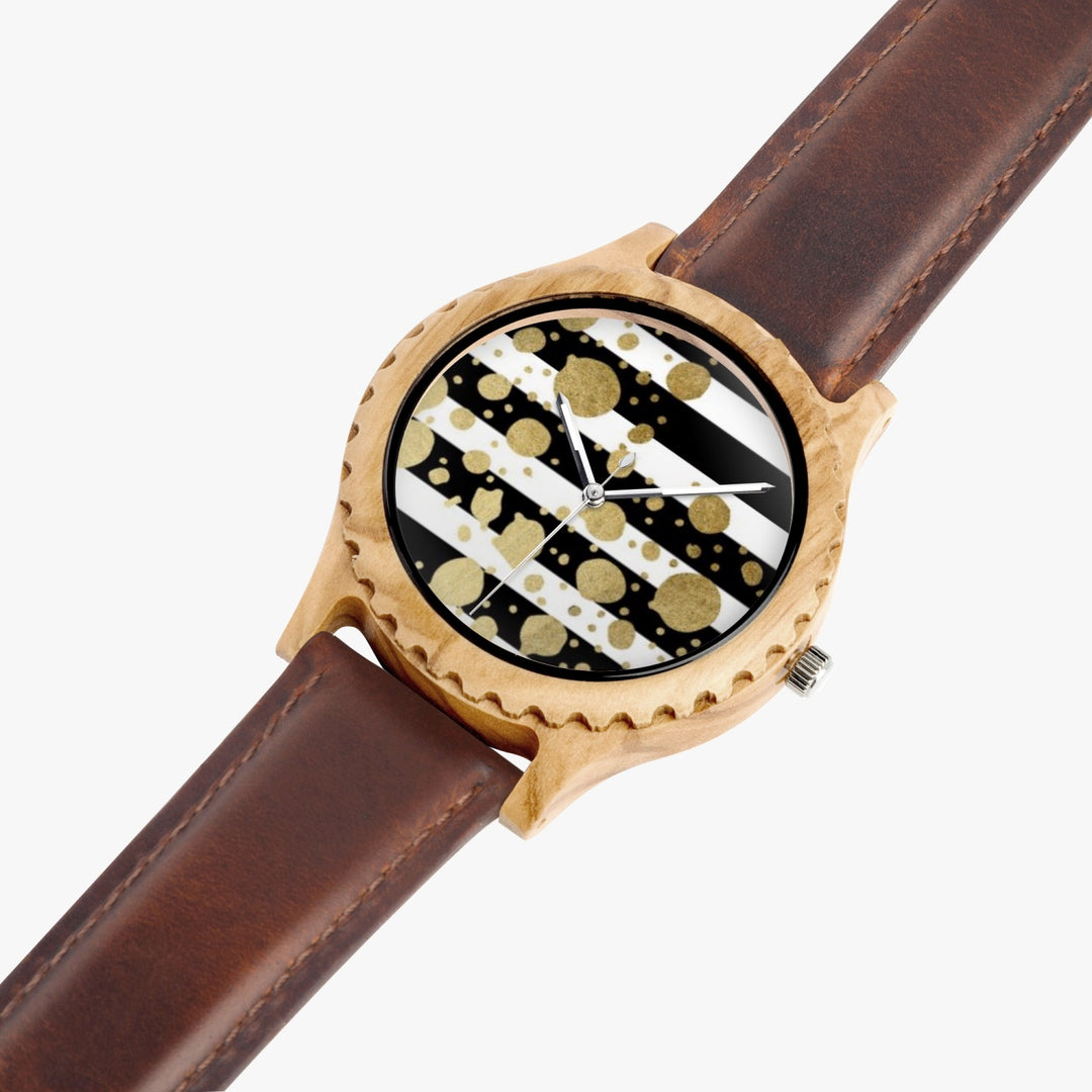 Ti Amo I love you - Exclusive Brand - Black & White Stripes with Gold Dots - Unisex Designer Italian Olive Wood Watch - Leather Strap