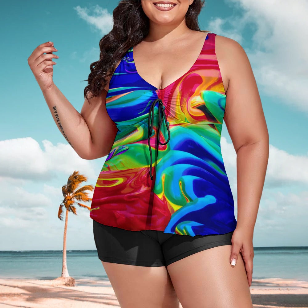 Ti Amo I love you - Exclusive Brand - Colorful Painted Look - Women's Drawstring 2pc Swimsuit - Sizes XL-6XL