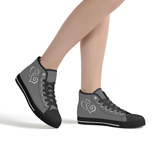 Ti Amo I love you - Exclusive Brand  - Dove Gray - Double White Heart - High-Top Canvas Shoes - Black Soles