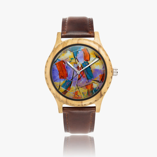 Ti Amo I love you - Exclusive Brand - Geometrical Painted Pattern - Unisex Designer Italian Olive Wood Watch - Leather Strap 45mm Brown