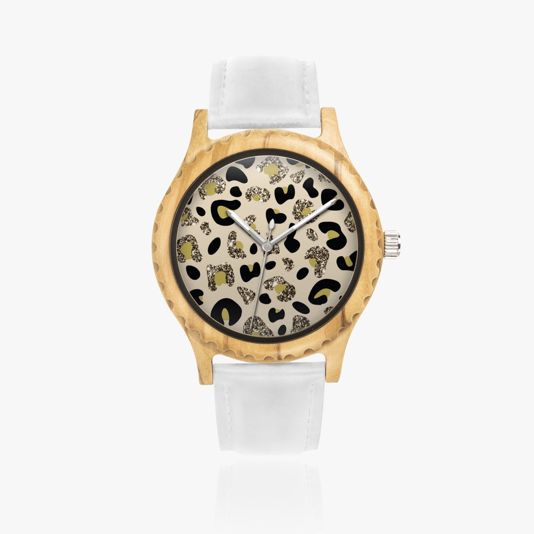 Ti Amo I love you - Exclusive Brand - Glitter Animal Print - Womens Designer Italian Olive Wood Watch - Leather Strap 45mm White