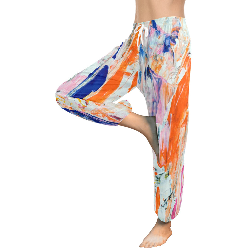 Ti Amo I love you  - Exclusive Brand  - White with Diagonal Painted Stripe Pattern - Women's Harem Pants - Sizes XS-2XL