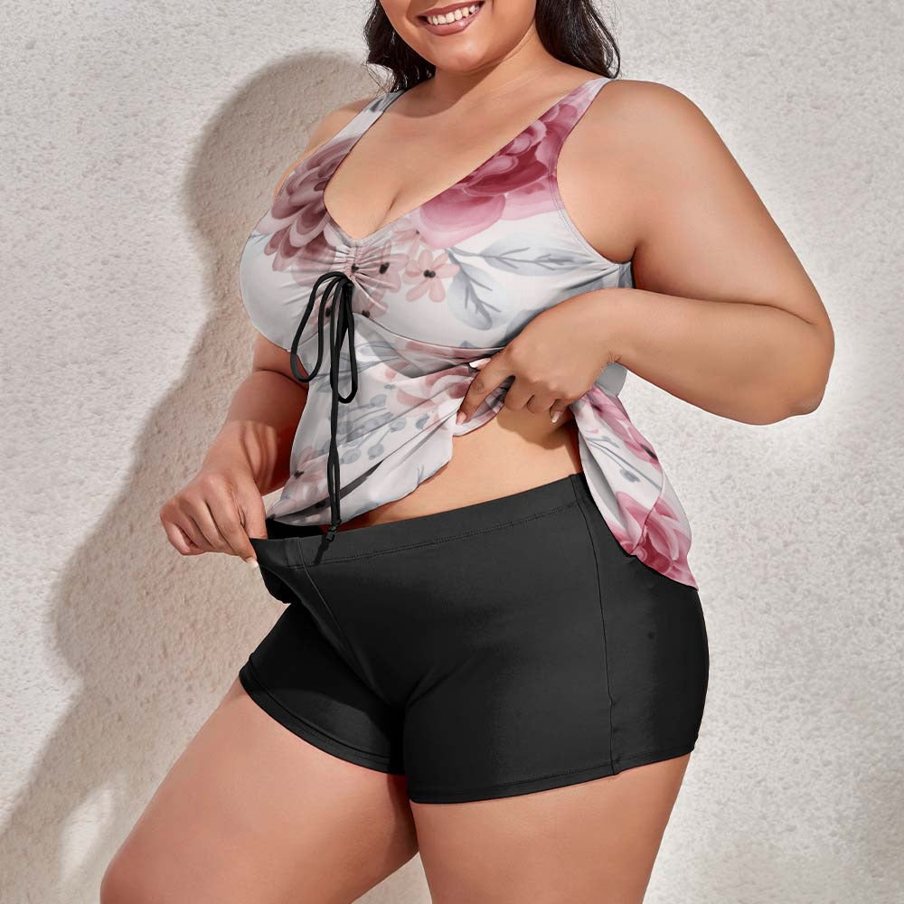 Ti Amo I love you - Exclusive Brand - Iron 2, Stiletto 2, Old Rose & Tapestry Floral - Women's Plus Size Drawstring 2pc Swimsuit