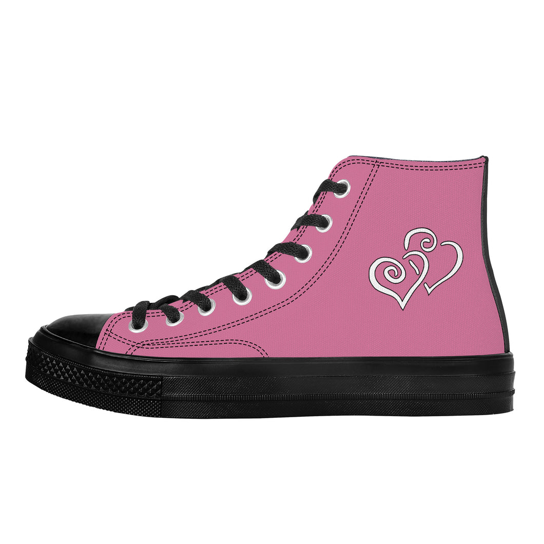 Ti Amo I love you - Exclusive Brand - Charm - Double White Heart - High Top Canvas Shoes - Black  Soles