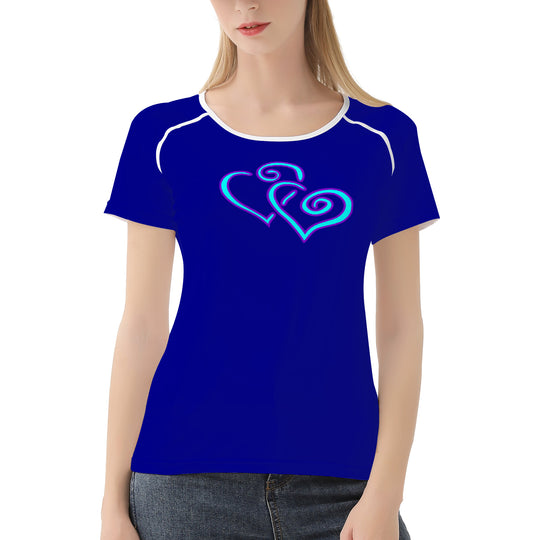 Ti Amo I love you - Exclusive Brand - Dark Blue 2- Double Cyan Heart - Women's T shirt - Sizes XS-2XL