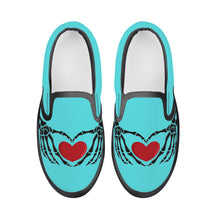 Load image into Gallery viewer, Ti Amo I love you - Exclusive Brand  - Medium Turquoise Blue - Skeleton Hands with Heart  - Kids Slip-on shoes - Black Soles
