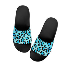 Load image into Gallery viewer, Ti Amo I love you - Exclusive Brand - Bright Turqoiuse &amp; Ice Cold Leopard Pattern - Womens / Childrens  / Youth  - Slide Sandals - Black Soles
