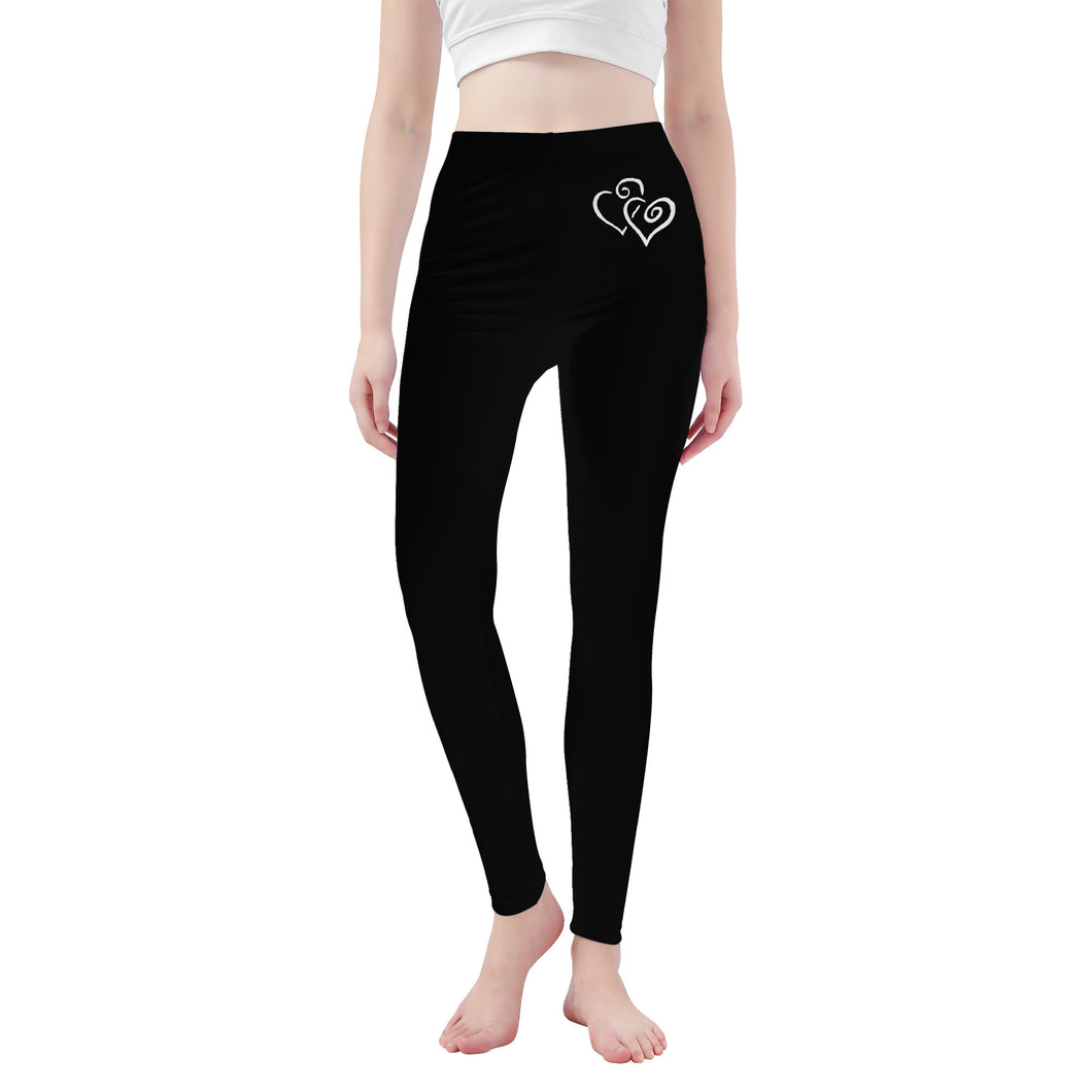 Ti Amo I love you - Exclusive Brand - Black - Double White Heart -Womens / Teen Girls / Womens Plus Size - Yoga Leggings -Sizes XS-3XL