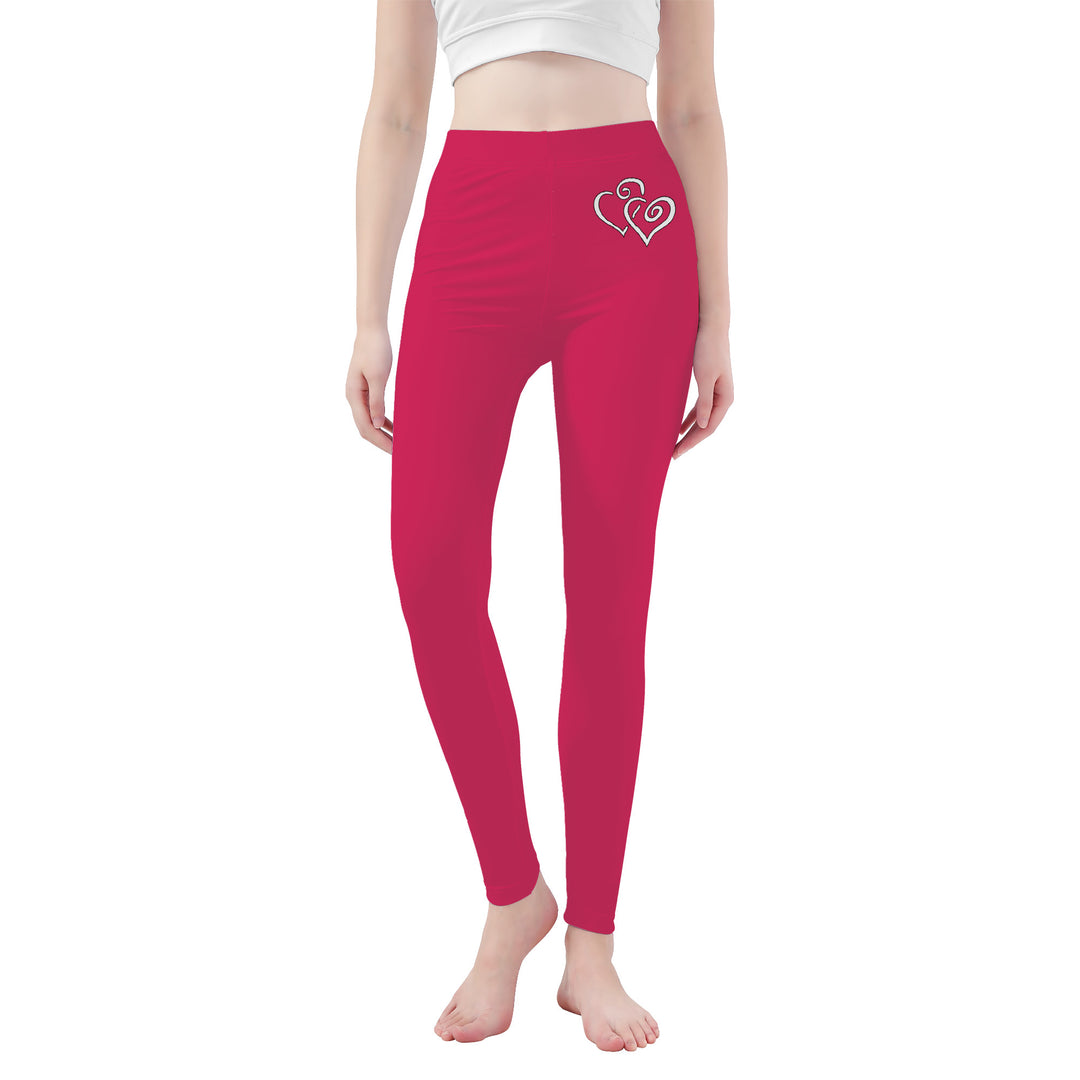 Ti Amo I love you - Exclusive Brand - Cerise Red 2 - Double White Heart- Womens / Teen Girls / Womens Plus Size - Yoga Leggings - Sizes XS-3XL