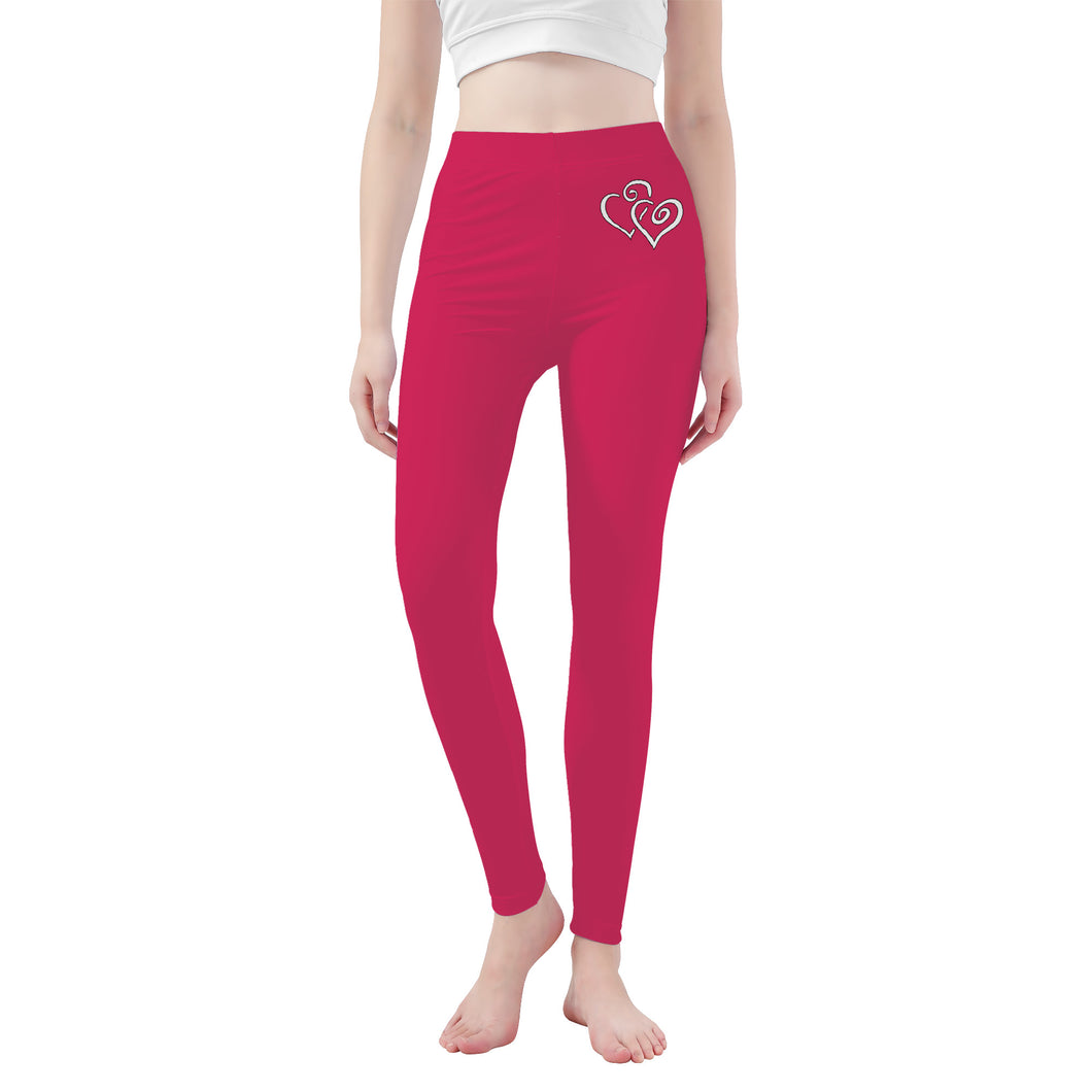 Ti Amo I love you - Exclusive Brand - Cerise Red 2 - Double White Heart- Womens / Teen Girls / Womens Plus Size - Yoga Leggings - Sizes XS-3XL