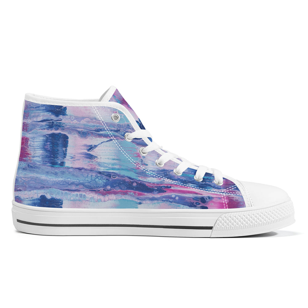 Ti Amo I love you - Exclusive Brand - Mulberry & Kashmir Blue Floating Paint Pattern - High-Top Canvas Shoes - White Soles