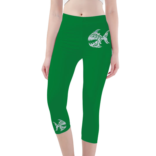 Ti Amo I love you - Exclusive Brand  - Fun Green - Angry Fish - Womens / Teen Girls / Womens Plus Size -  Capri Yoga Leggings - Sizes XS-3XL