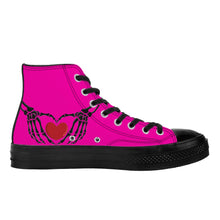 Load image into Gallery viewer, Ti Amo I love you - Exclusive Brand - Hollywood Cerise - Skeleton Hands with Heart - High Top Canvas Shoes - Black Soles
