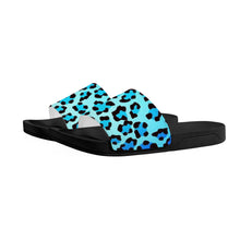 Load image into Gallery viewer, Ti Amo I love you - Exclusive Brand - Bright Turqoiuse &amp; Ice Cold Leopard Pattern - Womens / Childrens  / Youth  - Slide Sandals - Black Soles
