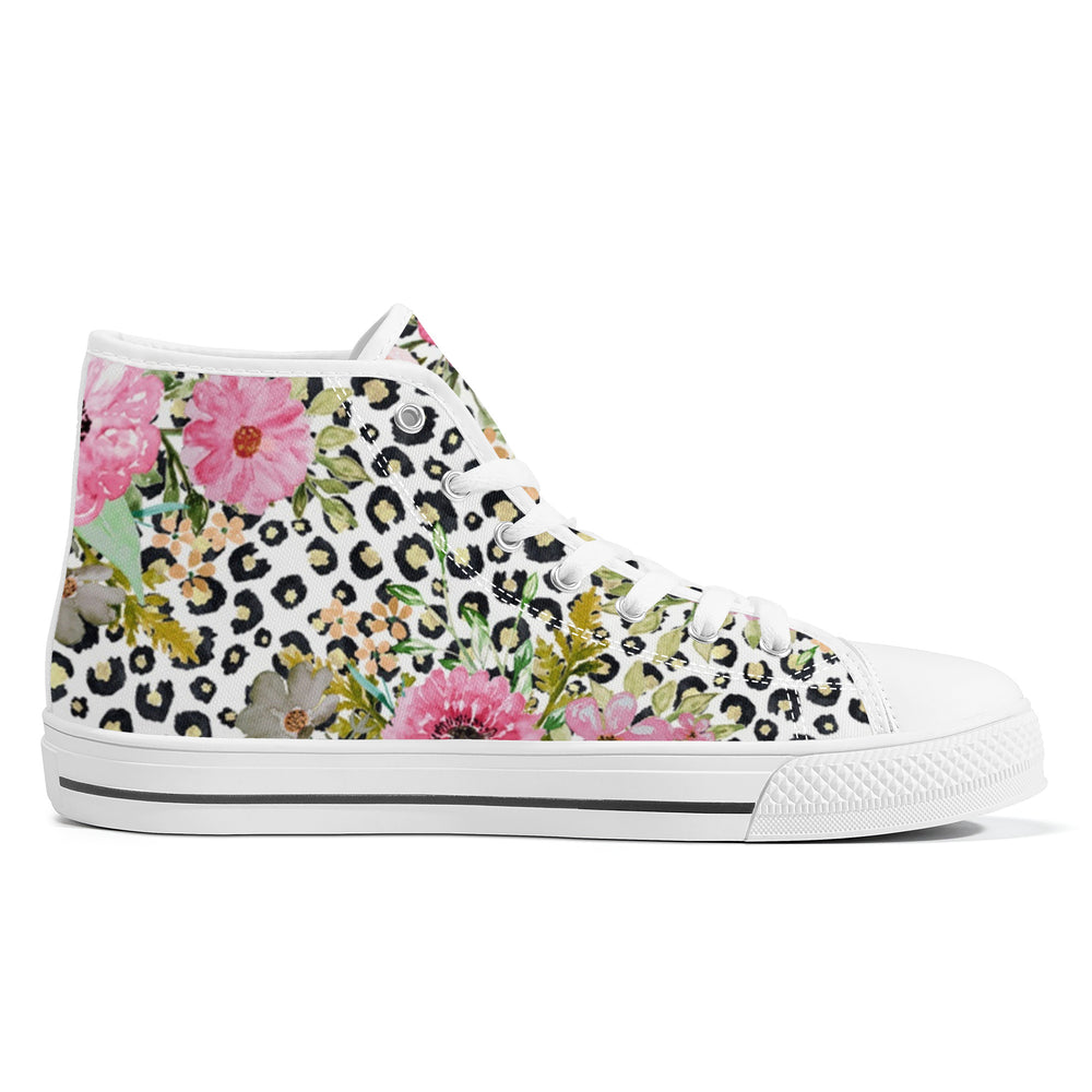 Ti Amo I love you  - Exclusive Brand  - Leopard & Flowers - High-Top Canvas Shoes - White