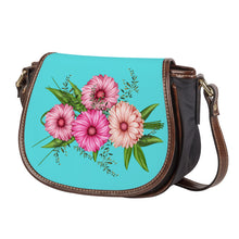 Load image into Gallery viewer, Ti Amo I love you - Exclusive Brand - Medium Turquoise Blue - Pink Floral - Saddle Bag
