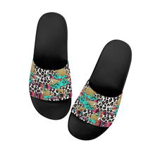 Load image into Gallery viewer, Ti Amo I love you  - Exclusive Brand - White with Kabul Spots &amp; Puerto Rico &amp; Medium Red Violet Leopard Pattern - Slide Sandals - Black Soles
