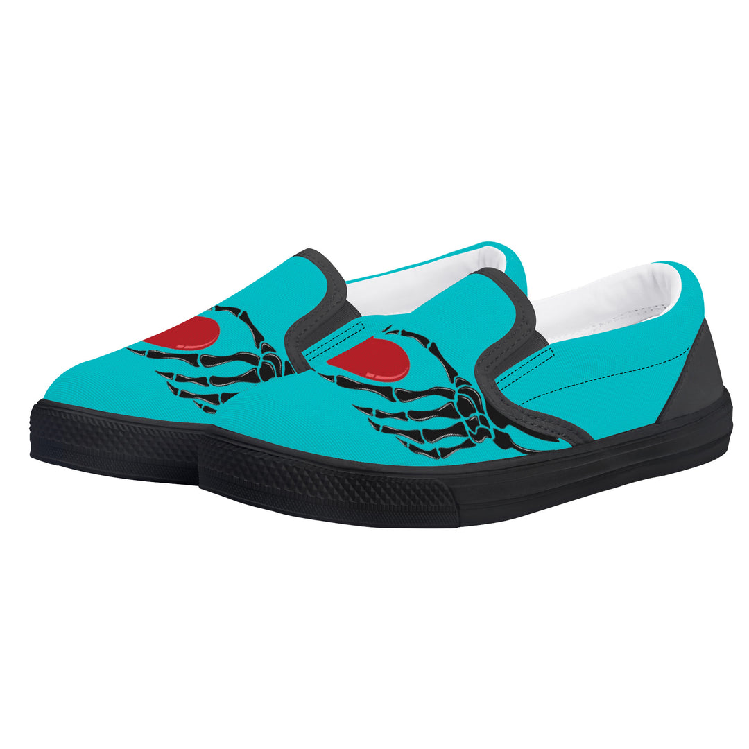 Ti Amo I love you - Exclusive Brand  - Vivid Cyan (Robin's Egg Blue) - Skeleton Hands with Heart  -  Kids Slip-on shoes - Black Soles