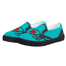 Load image into Gallery viewer, Ti Amo I love you - Exclusive Brand  - Vivid Cyan (Robin&#39;s Egg Blue) - Skeleton Hands with Heart  -  Kids Slip-on shoes - Black Soles
