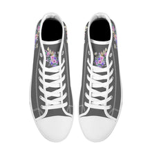 Load image into Gallery viewer, Ti Amo I love you  - Exclusive Brand - Dark Gray with Pink &amp; Purple Flowers High-Top Canvas Shoes - White
