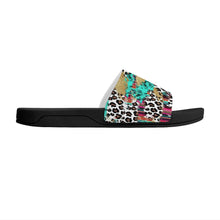 Load image into Gallery viewer, Ti Amo I love you  - Exclusive Brand - White with Kabul Spots &amp; Puerto Rico &amp; Medium Red Violet Leopard Pattern - Slide Sandals - Black Soles
