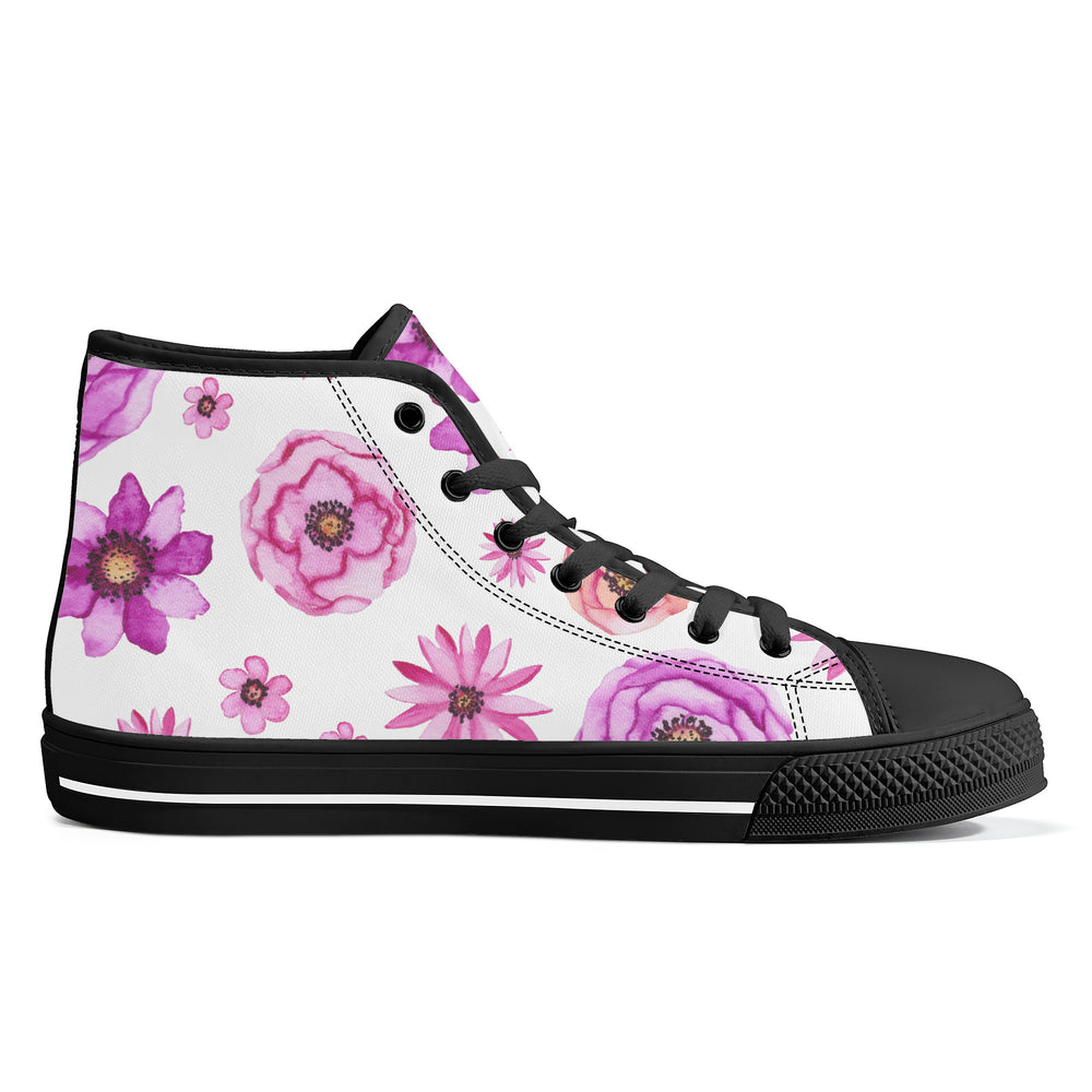 Ti Amo I love you - Exclusive Brand - White Floral - High-Top Canvas Shoes - Black