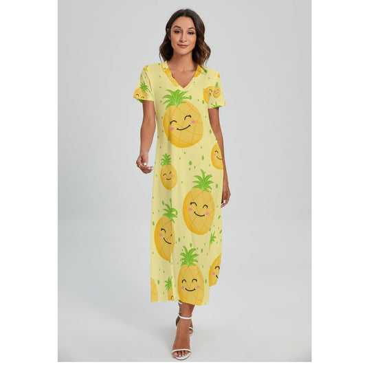 Ti Amo I love you - Exclusive Brand - Buff with Bight Sun - Fruit - Women's V-neck Dress With Side Slit - Sizes S-3XL