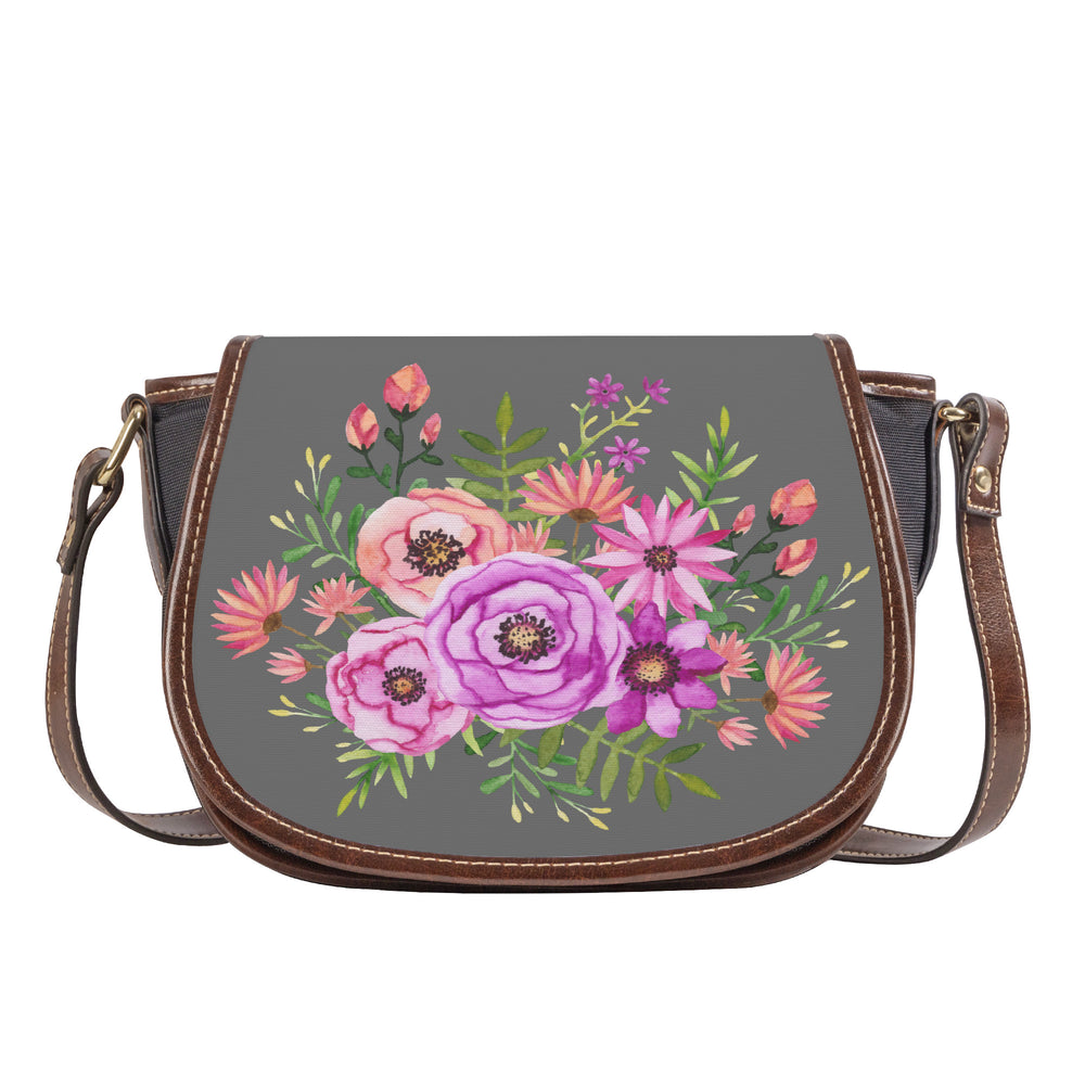 Ti Amo I love you - Exclusive Brand  - Dove Gray - Pink Floral -  Saddle Bag