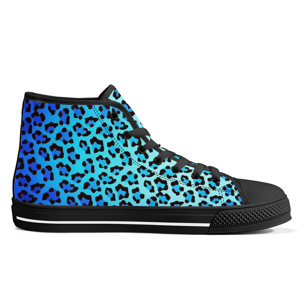 Ti Amo I love you - Exclusive Brand - Bright Turqoiuse & Ice Cold Leopard Pattern - High-Top Canvas Shoes - Black Soles