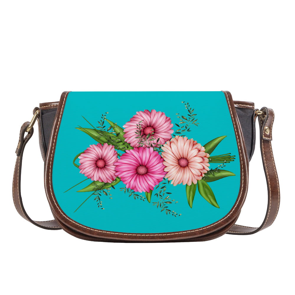 Ti Amo I love you - Exclusive Brand - Vivid Cyan (Robin's Egg Blue) - Pink Floral - Saddle Bag