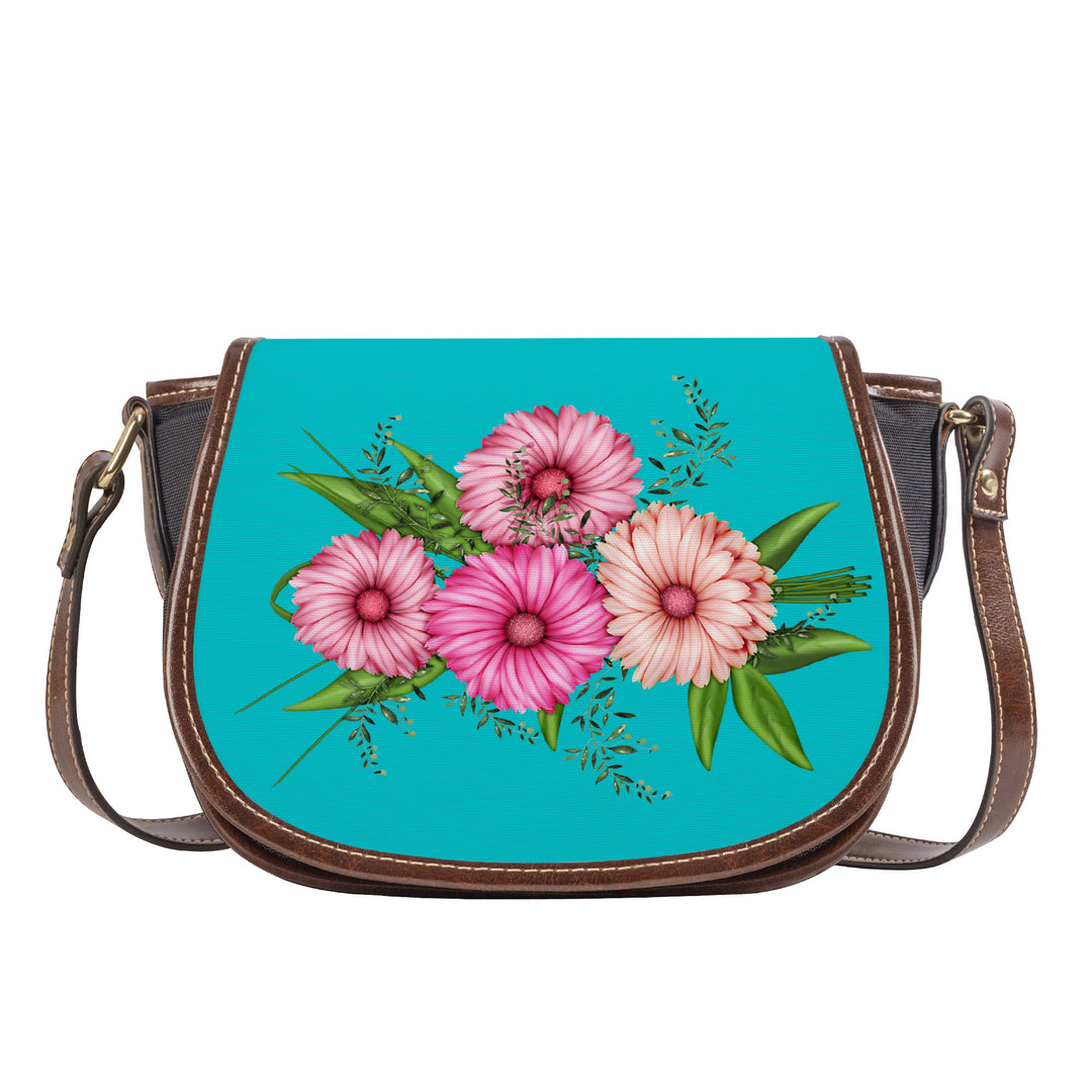 Ti Amo I love you - Exclusive Brand - Vivid Cyan (Robin's Egg Blue) - Pink Floral - Saddle Bag