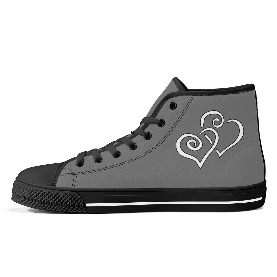 Ti Amo I love you - Exclusive Brand  - Dove Gray - Double White Heart - High-Top Canvas Shoes - Black Soles
