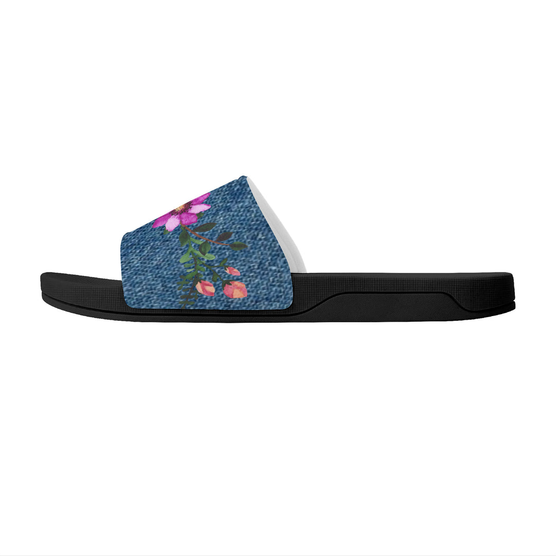Ti Amo I love you  - Exclusive Brand  - Denim Look - Floral -  Womens / Children  / Youth  - Slide Sandals - Black Soles