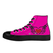 Load image into Gallery viewer, Ti Amo I love you - Exclusive Brand - Hollywood Cerise - Skeleton Hands with Heart - High Top Canvas Shoes - Black Soles
