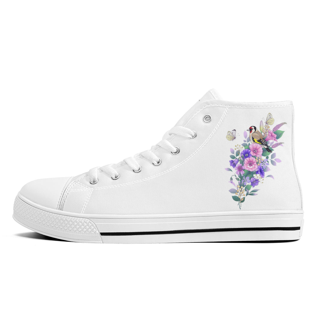 Ti Amo I love you - Exclusive Brand - Floral / Bird/ Butterfly - Womens High-Top Canvas Shoes - White Soles