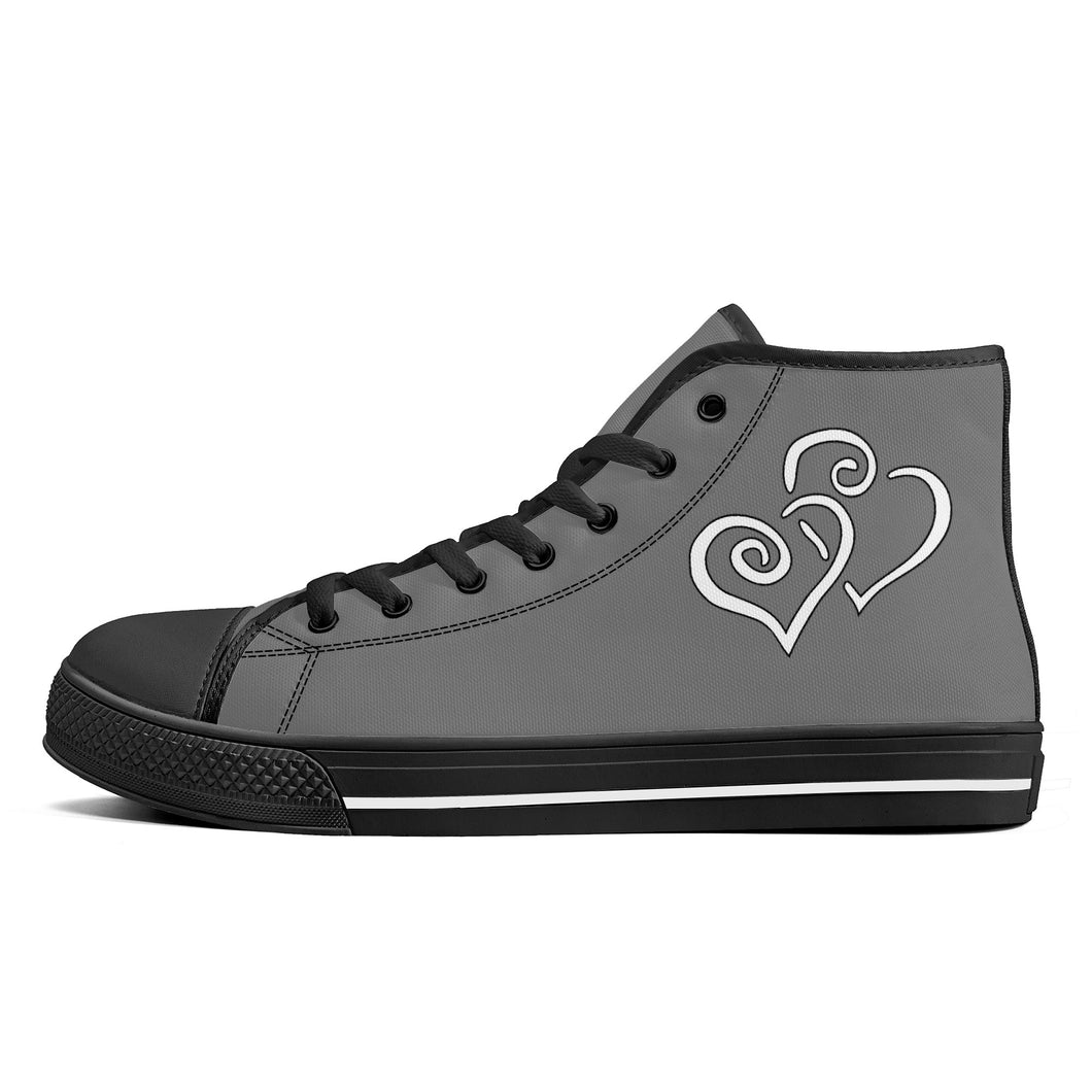 Ti Amo I love you - Exclusive Brand  - Dove Gray - Double White Heart - High-Top Canvas Shoes - Black Soles