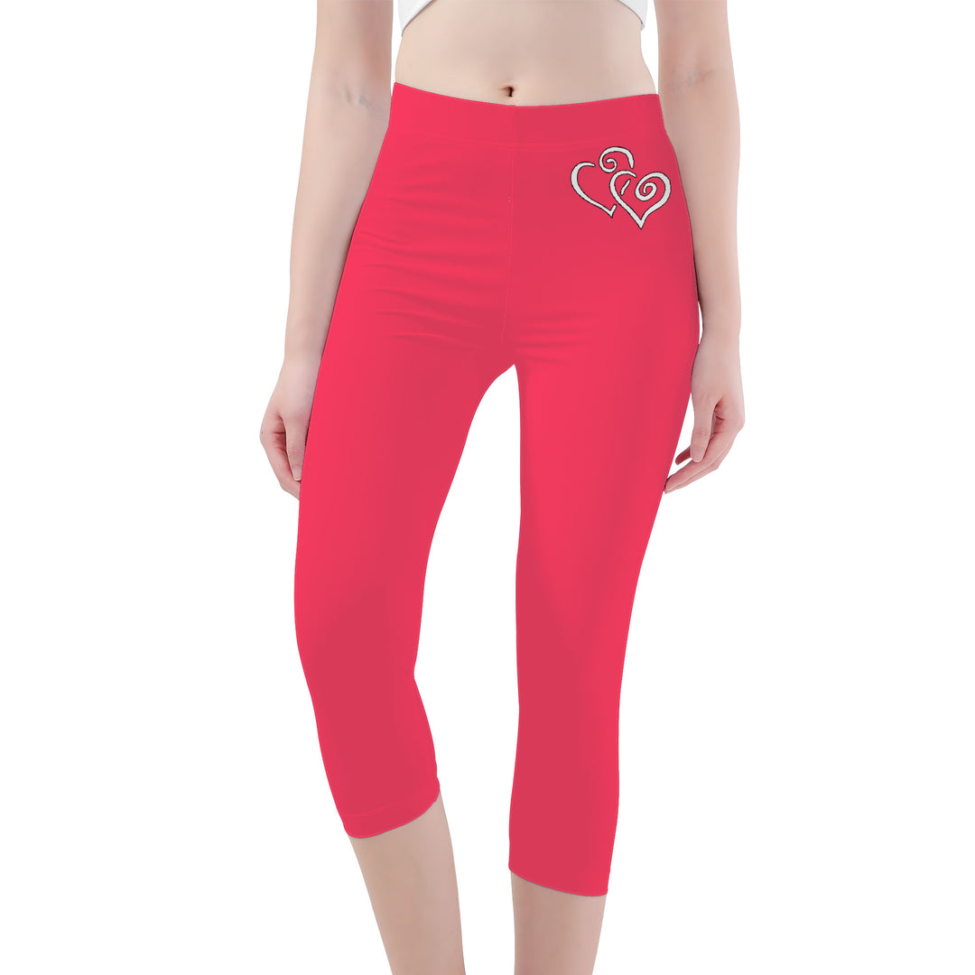 Ti Amo I love you - Exclusive Brand - Radical Red - Double White Heart - Womens / Teen Girls / Womens Plus Size - Capri Yoga Leggings - Sizes XS-3XL