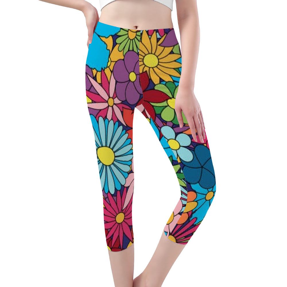 Ti Amo I love you - Exclusive Brand - Multicolored Flowers -  Womens/ Womens Plus / Teen Girls - Capri Yoga Leggings - Dizes XS-3XL