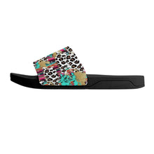 Load image into Gallery viewer, Ti Amo I love you  - Exclusive Brand - White with Kabul Spots &amp; Puerto Rico &amp; Medium Red Violet Leopard Pattern - Slide Sandals - Black Soles
