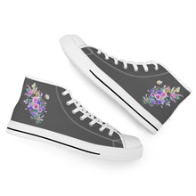 Load image into Gallery viewer, Ti Amo I love you  - Exclusive Brand - Dark Gray with Pink &amp; Purple Flowers High-Top Canvas Shoes - White
