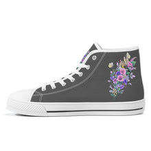 Load image into Gallery viewer, Ti Amo I love you  - Exclusive Brand - Dark Gray with Pink &amp; Purple Flowers High-Top Canvas Shoes - White
