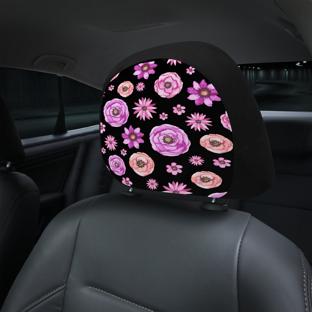 Ti Amo I love you - Exclusive Brand - Black with  Sundown, Lavender Magenta & Fuchsia Pink Flowers - Car Headrest Covers