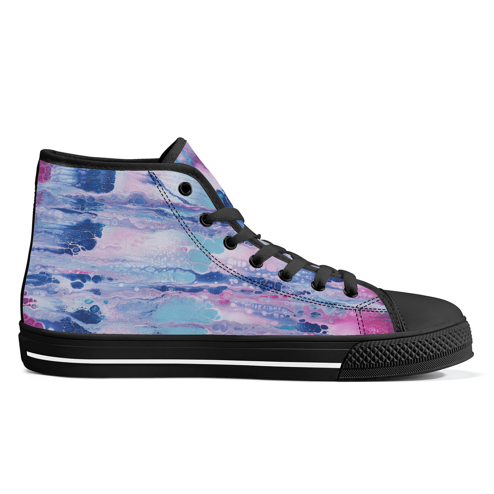 Ti Amo I love you - Exclusive Brand - Mulberry & Kashmir Blue Floating Paint Pattern - High-Top Canvas Shoes- Black Soles