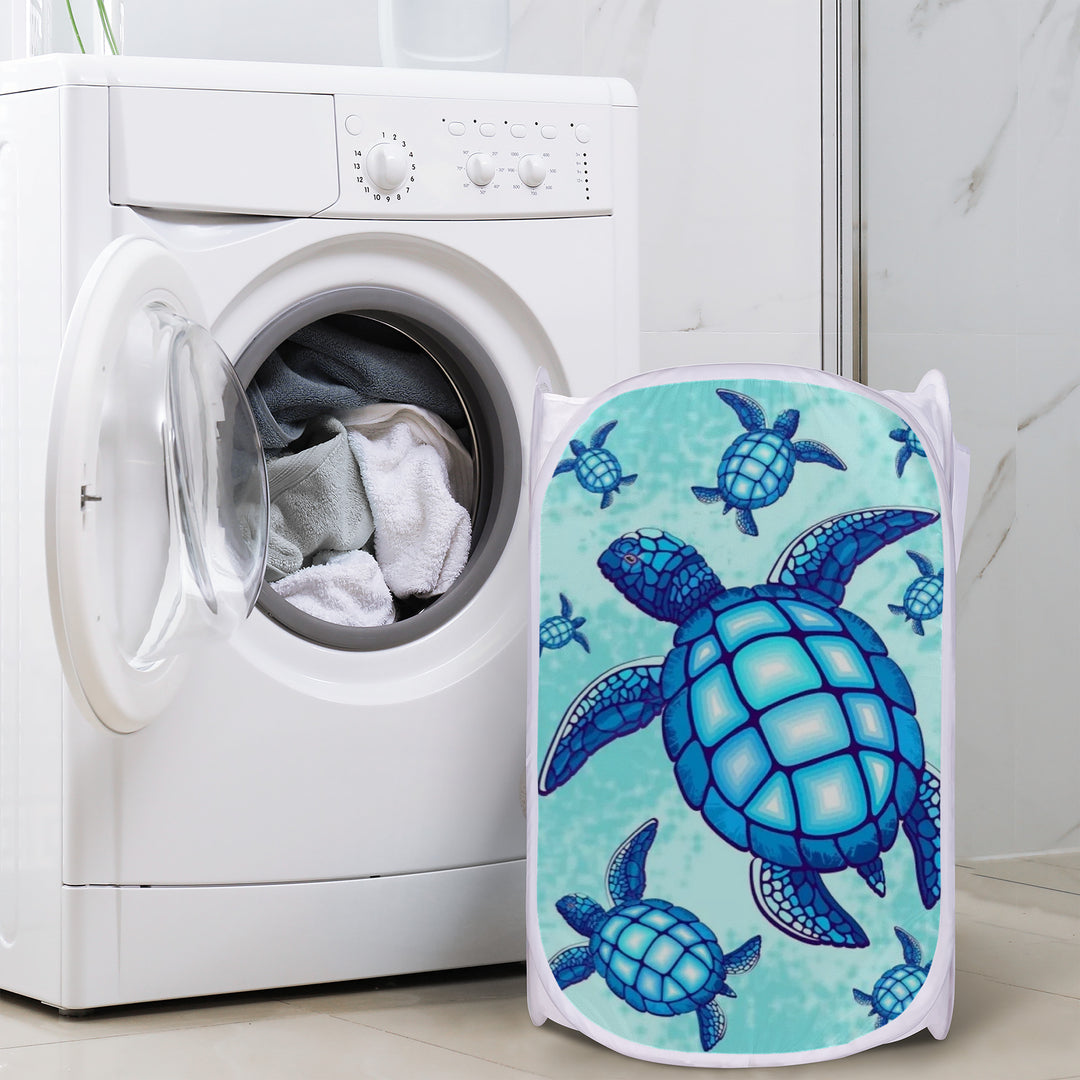 Ti Amo I love you - Exclusive Brand - Medium Turquoise Blue Turtles - Laundry Hamper White